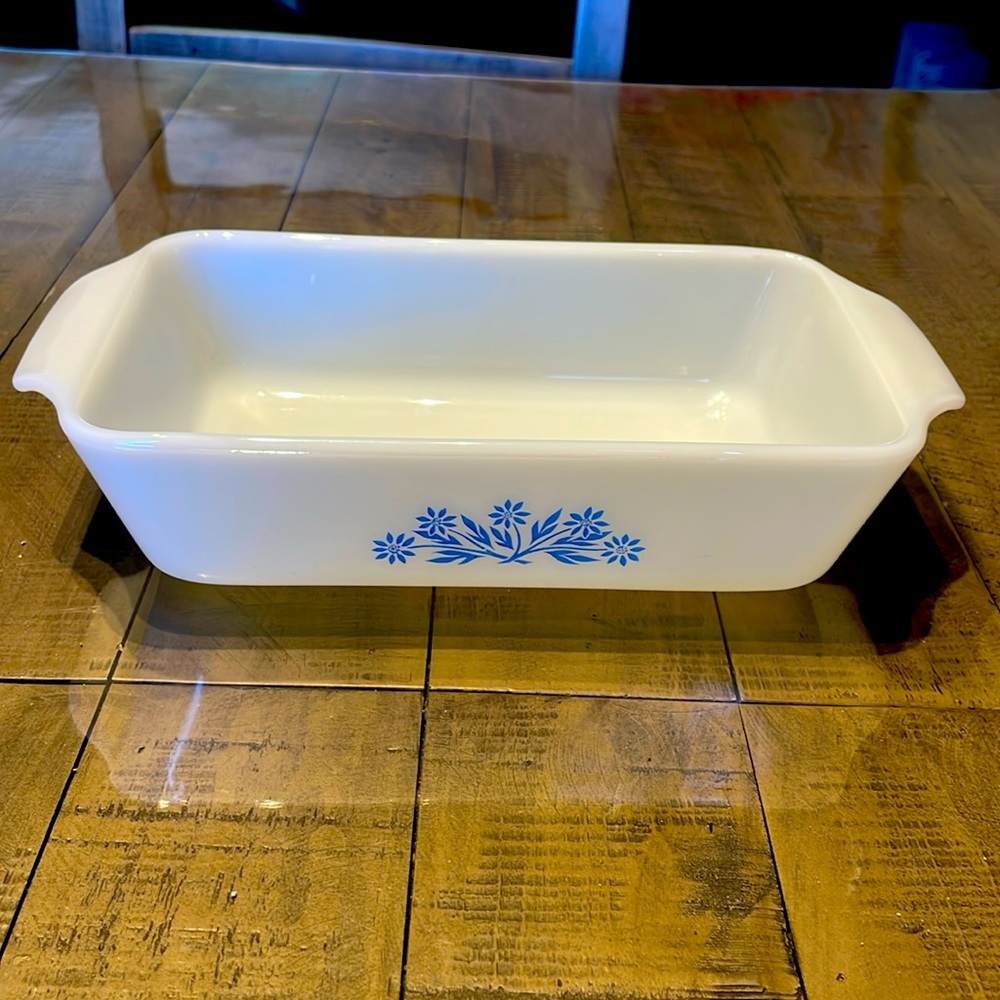 Vintage Anchor Hocking “cornflower” milk glass casserole/loaf dish. #441